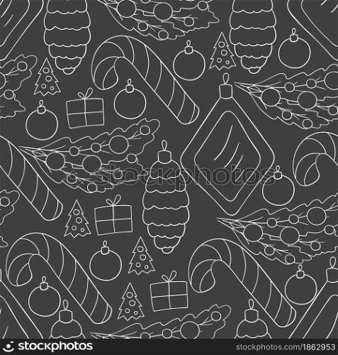Seamless vector pattern with candy cane, Christmas tree decorations. Grey Pattern in hand draw style. Can be used for fabric, wrapping and etc. Seamless vector pattern. Christmas tree decorations. Pattern in hand draw style