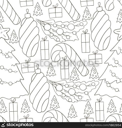 Seamless vector pattern with candy cane, Christmas tree decorations. Monochrome Pattern in hand draw style. Can be used for fabric and etc. Seamless vector pattern. Christmas tree decorations. Pattern in hand draw style
