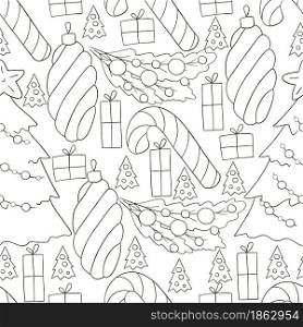 Seamless vector pattern with candy cane, Christmas tree decorations. Monochrome Pattern in hand draw style. Can be used for fabric and etc. Seamless vector pattern. Christmas tree decorations. Pattern in hand draw style