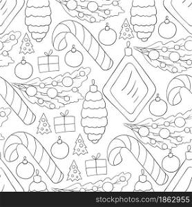 Seamless vector pattern with candy cane, Christmas tree decorations. Monochrome Pattern in hand draw style. Can be used for fabric, wrapping and etc. Seamless vector pattern. Christmas tree decorations. Pattern in hand draw style
