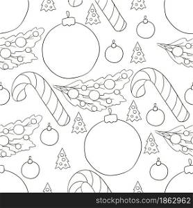 Seamless vector pattern with candy cane. Coloring Pattern in hand draw style. New Year. Can be used for fabric, wrapping paper and etc. Seamless vector pattern. Christmas tree decorations. Pattern in hand draw style
