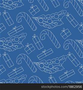 Seamless vector pattern with candy cane, gifts. Blue Pattern in hand draw style. Christmas background. Can be used for fabric, wrapping paper and etc. Seamless vector pattern. Christmas tree decorations. Pattern in hand draw style