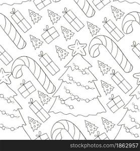 Seamless vector pattern with candy cane, gifts. Coloring background. Pattern in hand draw style. Can be used for fabric, wrapping paper and etc. Seamless vector pattern. Christmas tree decorations. Pattern in hand draw style