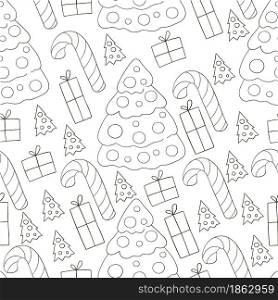 Seamless vector pattern with candy cane, gifts. Coloring. Pattern in hand draw style. Can be used for fabric, packaging, wrapping paper and etc. Seamless vector pattern. Christmas tree decorations. Pattern in hand draw style
