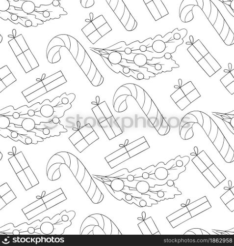 Seamless vector pattern with candy cane, gifts. Coloring Pattern in hand draw style. Christmas background. Can be used for fabric, wrapping paper and etc. Seamless vector pattern. Christmas tree decorations. Pattern in hand draw style