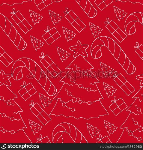 Seamless vector pattern with candy cane, gifts. Red background. Pattern in hand draw style. Can be used for fabric, wrapping paper and etc. Seamless vector pattern. Christmas tree decorations. Pattern in hand draw style