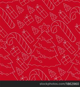 Seamless vector pattern with candy cane, gifts. Red background. Pattern in hand draw style. Can be used for fabric, wrapping paper and etc. Seamless vector pattern. Christmas tree decorations. Pattern in hand draw style