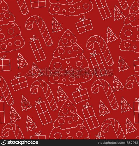 Seamless vector pattern with candy cane, gifts. Red Pattern in hand draw style. Can be used for fabric, packaging, wrapping paper and etc. Seamless vector pattern. Christmas tree decorations. Pattern in hand draw style