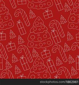 Seamless vector pattern with candy cane, gifts. Red Pattern in hand draw style. Can be used for fabric, packaging, wrapping paper and etc. Seamless vector pattern. Christmas tree decorations. Pattern in hand draw style