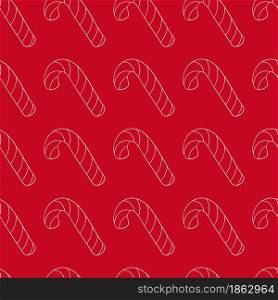 Seamless vector pattern with candy cane. Pattern in hand draw style. Red background. Can be used for fabric, packaging, wrapping paper, textile and etc. Seamless vector pattern. Christmas tree decorations. Pattern in hand draw style