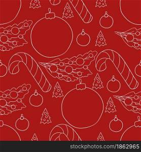 Seamless vector pattern with candy cane. Red Pattern in hand draw style. New Year. Can be used for fabric, wrapping paper and etc. Seamless vector pattern. Christmas tree decorations. Pattern in hand draw style