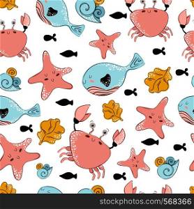 Seamless vector pattern with cartoon cute crab, starfish, fish, shel, sea plants on white background. Underwater oceanic animal. Illustration for print, textile, fabric, wrapping paper. Vector Sea Animals
