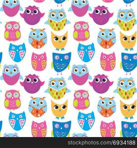Seamless vector pattern with cartoon doodle owls.. Seamless vector pattern with cartoon doodle owls. Cute birds background. Bright color owls on white background. Nice design for kids.
