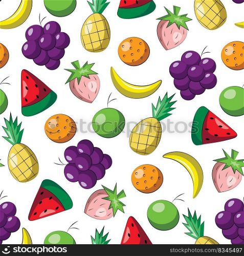 Seamless vector pattern with cartoon orange, apple, banana, grape, watermelon, pineapple and strawberry