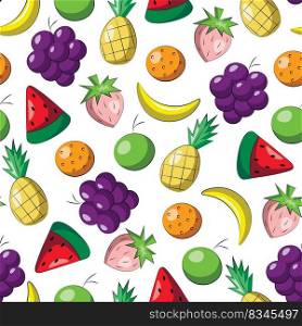 Seamless vector pattern with cartoon orange, apple, banana, grape, watermelon, pineapple and strawberry
