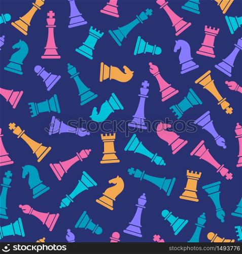 Seamless vector pattern with chess. World international chess day.. Seamless vector pattern with colored chess on blue. Chess pieces seamless print. Vector illustration set of chess pieces. Background of chess game.