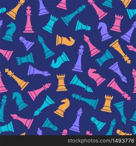 Seamless vector pattern with chess. World international chess day.. Seamless vector pattern with colored chess on blue. Chess pieces seamless print. Vector illustration set of chess pieces. Background of chess game.