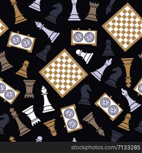 Seamless vector pattern with chess. World international chess day.. Seamless vector pattern with chess on dark bluu