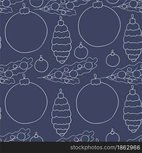 Seamless vector pattern with Christmas tree decorations, gifts. Blue Pattern in hand draw style. New Year. Can be used for fabric and etc. Seamless vector pattern. Christmas tree decorations. Pattern in hand draw style
