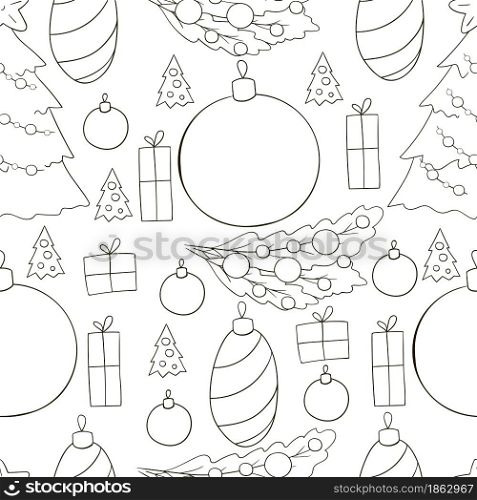 Seamless vector pattern with Christmas tree decorations, gifts. New Year&rsquo;s Coloring. Can be used for fabric, packaging, wrapping paper and etc. Seamless vector pattern. Christmas tree decorations. Pattern in hand draw style