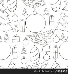 Seamless vector pattern with Christmas tree decorations, gifts. New Year&rsquo;s Coloring. Can be used for fabric, packaging, wrapping paper, textile and etc. Seamless vector pattern. Christmas tree decorations. Pattern in hand draw style