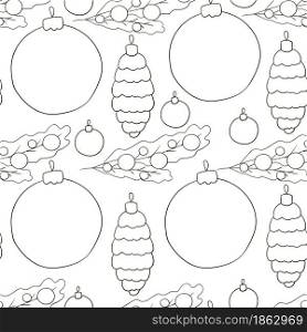 Seamless vector pattern with Christmas tree decorations, gifts. Pattern in hand draw style. New Year&rsquo;s Coloring. Can be used for fabric and etc. Seamless vector pattern. Christmas tree decorations. Pattern in hand draw style