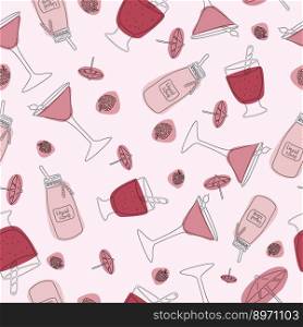 Seamless vector pattern with cocktail, glass,fruits on the pink background. 