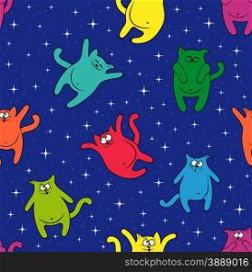 Seamless vector pattern with color amusing cats on a background of blue starry sky. Seamless pattern with amusing cats on starry sky