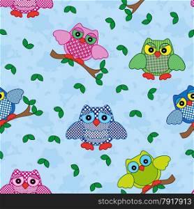 Seamless vector pattern with colorful ornamental owls on a blue background. Seamless pattern with ornamental owls over blue