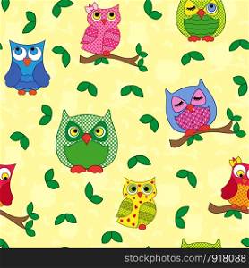Seamless vector pattern with colorful ornamental owls on a light yellow background. Seamless pattern with ornamental owls over yellow