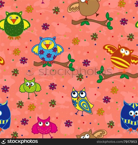 Seamless vector pattern with colorful ornamental owls on a terracotta background. Seamless pattern with ornamental owls over terracotta