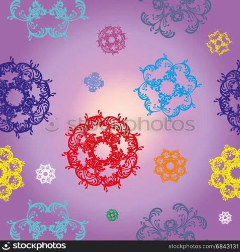 Seamless vector pattern with colorful red, blue, purple, green and yellow decor on purple background