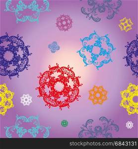 Seamless vector pattern with colorful red, blue, purple, green and yellow decor on purple background