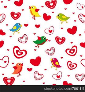 Seamless vector pattern with cute birds and different red Valentine hearts on the white background. Seamless pattern with hearts and birds