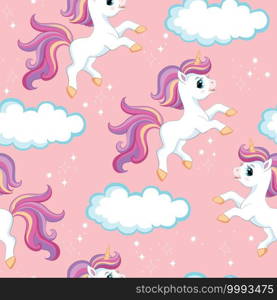 Seamless vector pattern with cute cartoon character unicorn with clouds and sparkle. Colorful illustration isolated on pink background. For print, t-shirt, design, wallpaper, decor, textile, packaging. Seamless vector pattern unicorns on pink background