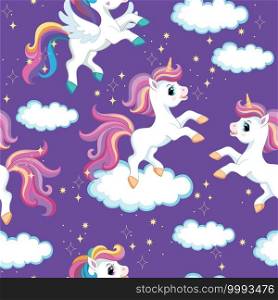 Seamless vector pattern with cute cartoon character unicorn with clouds and sparkle. Colorful illustration isolated on purple background. For print, t-shirt, design, wallpaper, decor, textile, packaging. Seamless vector pattern unicorns on purple background