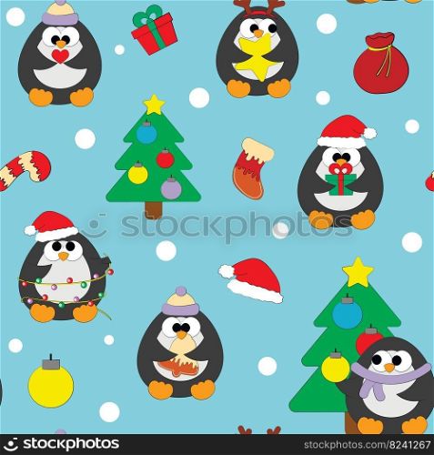 Seamless vector pattern with cute cartoon Christmas Penguin
