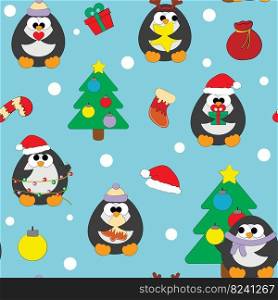 Seamless vector pattern with cute cartoon Christmas Penguin
