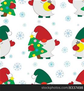 Seamless vector pattern with cute cartoon Gnome with Christmas tree