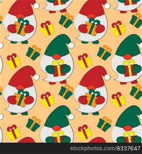 Seamless vector pattern with cute cartoon Gnomes and gift box