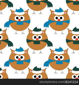 Seamless vector pattern with cute cartoon owl in hat and scarf