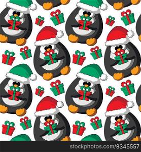 Seamless vector pattern with cute cartoon penguin in christmas hat with gift box