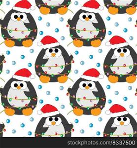 Seamless vector pattern with cute cartoon penguin in Santas hat and garland