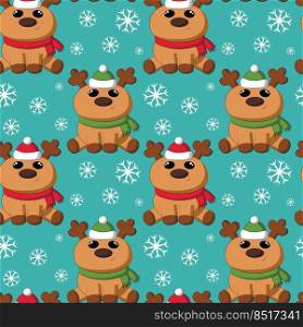 Seamless vector pattern with cute cartoon reindeer and snowflake