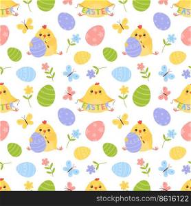 Seamless vector pattern with cute chickens, butterflies, flowers and easter eggs. Vector illustration isolated on white background.. Seamless vector pattern with cute chickens, butterflies, flowers and easter eggs.