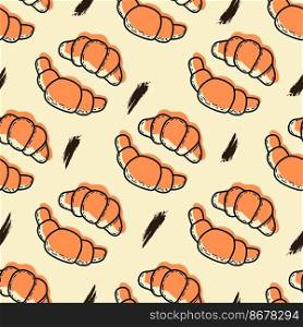 Seamless vector pattern with cute croissants in doodle style on yellow pastel background.