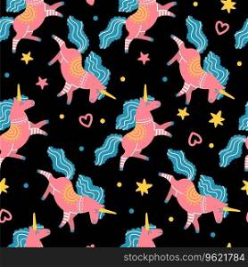 Seamless vector pattern with cute doodle pink unicorns with blue main and stars on a black background. For textiles, wallpapers, prints, party, baby shower, design, decor, linen, dishes and apparel. Seamless vector pattern pink unicorns blue main illustration