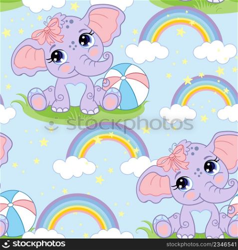 Seamless vector pattern with cute happy elephant and rainbow isolated on blue background. Colorful vector illustration. For print, linen, design, wallpaper, decor, textile, packaging, kids apparel. Seamless vector pattern with cute elephant and rainbow