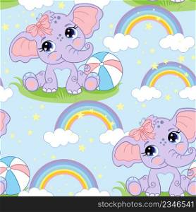 Seamless vector pattern with cute happy elephant and rainbow isolated on blue background. Colorful vector illustration. For print, linen, design, wallpaper, decor, textile, packaging, kids apparel. Seamless vector pattern with cute elephant and rainbow