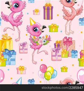 Seamless vector pattern with cute happy flamingo with balloons and presents. Colorful illustration vector background birthday concept. For print, linen, design, wallpaper, decor, textile, packaging. Seamless vector pattern flamingo happy birthday background